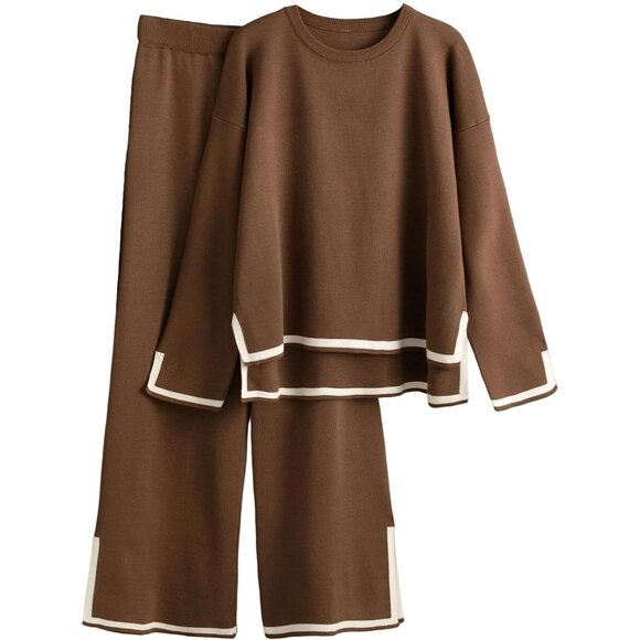 Women's Brown Long Sleeve Knit Sweater Top & Wide Leg Pants Lounge Set - Picture 1 of 6